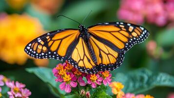 A monarch butterfly is perched on some flowers photo