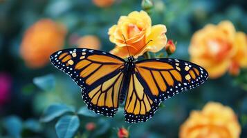 A monarch butterfly is sitting on a rose photo