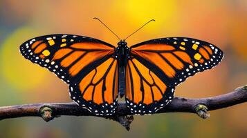 A monarch butterfly is sitting on a branch photo