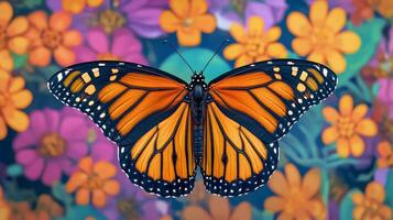 A monarch butterfly is sitting on a colorful flower field photo