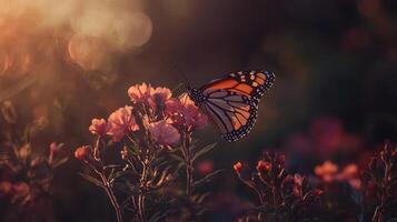 A monarch butterfly is sitting on some pink flowers photo