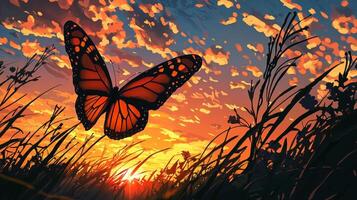A painting of a butterfly flying in the sunset photo