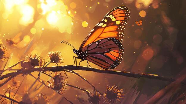 A butterfly is sitting on a branch in the sun photo