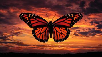 A monarch butterfly is flying in the sky at sunset photo