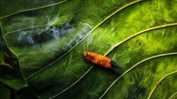 A caterpillar on a leaf with smoke coming out of it photo