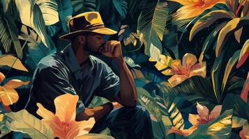 A man in a hat sitting in the middle of a jungle photo