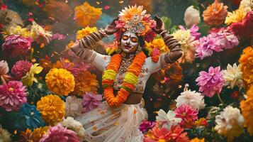 A woman dressed in a flower garb is surrounded by flowers photo