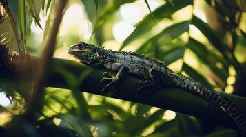 An iguana is sitting on a branch in the jungle photo