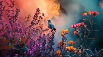 A bird is perched on top of some flowers photo
