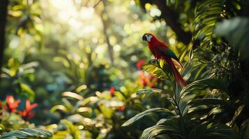 A red parrot perched on a tree branch in the jungle photo