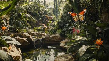 A butterfly is flying over a pond in a tropical garden photo