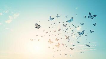 Butterflies flying in the sky with sun in the background photo