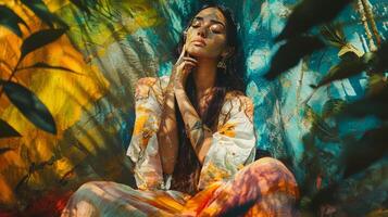 A woman in a colorful dress sitting on a tree photo