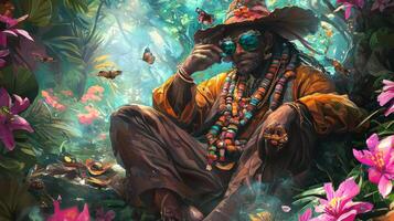 A man with a hat and sunglasses sitting in the middle of a jungle photo