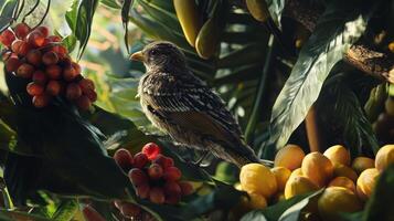 A bird is perched on a tree branch with fruit photo