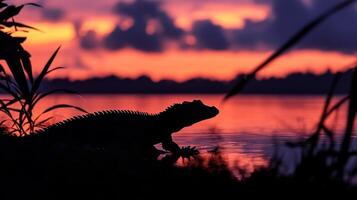 A lizard is silhouetted against the sunset at sunset photo