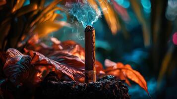 A cigar sitting on top of a plant photo