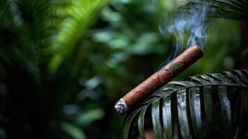 A cigar is sitting on top of a leaf photo