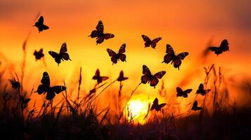mariposas volador en el puesta de sol foto