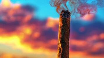 A cigar is lit in front of a sunset photo