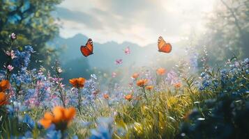 Butterflies flying over a field of flowers photo