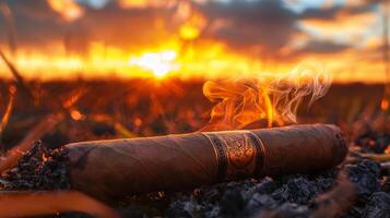 A cigar sitting on the ground with the sun setting behind it photo