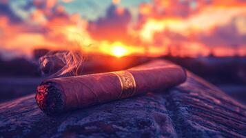 A cigar laying on a wooden surface with the sun setting in the background photo