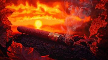 A cigar sitting on a pile of leaves with a red background photo