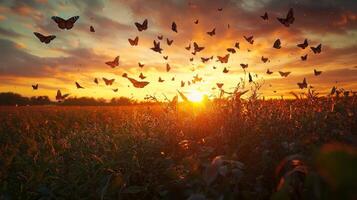 Butterflies flying in the sunset over a field photo