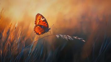 A butterfly is sitting on a grassy field photo