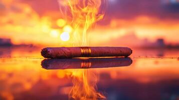 A cigar is on fire in front of a sunset photo