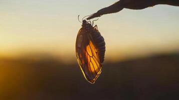 un mariposa es siendo retenida por de alguien mano foto