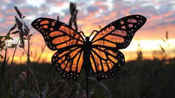 A monarch butterfly is silhouetted against a sunset photo