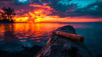 A cigar sitting on a log in front of a sunset photo
