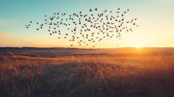 A flock of birds flying over a field at sunset photo