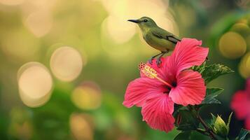 A bird is perched on a pink flower photo