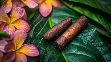 Two cigars on a leaf with flowers photo