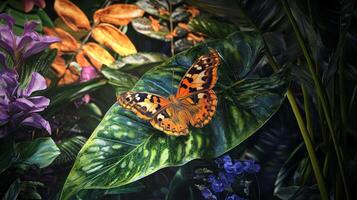 A painting of a butterfly on a leaf in the jungle photo