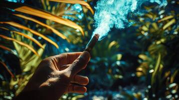 A hand holding a cigarette in front of a green background photo