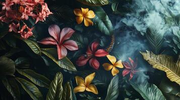 Tropical flowers and leaves in the jungle photo