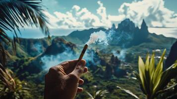 A hand holding a cigarette in front of a mountain photo