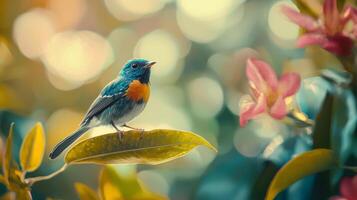 A bird is perched on a branch with flowers photo