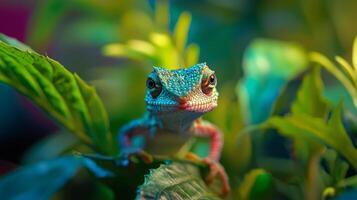 A lizard is sitting on top of some green leaves photo