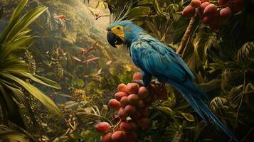 A blue parrot sits on a branch in the jungle photo