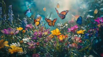 Butterflies flying over a field of flowers photo