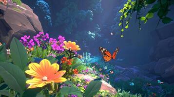A scene from the game, with butterflies flying over flowers photo