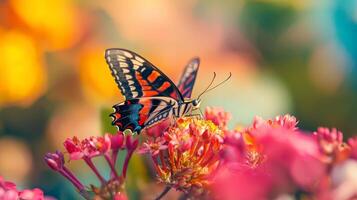 A red and black butterfly is sitting on some pink flowers photo
