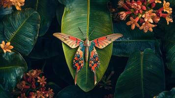 A colorful butterfly sits on a leaf in front of some flowers photo
