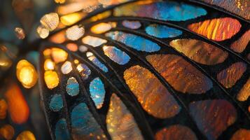 A close up of a colorful stained glass butterfly photo