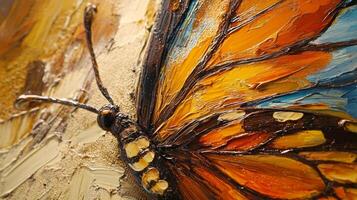 An abstract painting of a butterfly with orange, blue and yellow colors photo